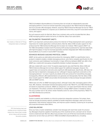 4redhat.com COMPETITIVE REVIEW  Red Hat JBoss Fuse compared with TIBCO ActiveMatrix BusinessWorks 6.3
TIBCO ActiveMatrix BusinessWorks 6.3 licensing does not include an independently executed
messaging platform. It must be licensed separately using products like TIBCO Enterprise Message
Service to provide JMS messaging. However, acquiring TIBCO Enterprise Message Service for TIBCO
ActiveMatrix BusinessWorks 6.3 exposes you to additional license fees, long-term associated mainte-
nance, and support.
No such exposure exists for Red Hat JBoss Fuse customers who use the included Red Hat JBoss
A-MQ messaging platform within the terms of a Red Hat JBoss Fuse subscription.
MQ TELEMETRY TRANSPORT (MQTT)
MQTT is an important communication protocol for Internet of Things development and is growing in
importance for mobile application communications. Red Hat JBoss A-MQ includes support for this
protocol but the TIBCO Enterprise Message Service does not. Instead, TIBCO supports MQTT via
the TIBCO StreamBase Complex Event Processing (CEP) product positioned for real-time data feeds
with high throughput. It must be licensed separately and then integrated with TIBCO ActiveMatrix
BusinessWorks 6.3 to send or receive MQTT messages.
ADVANCED MESSAGE QUEUING PROTOCOL (AMQP)
AMQP can be used as an alternative wire protocol for messaging. AMQP is a specification (not a
product) created to enable a reliable messaging protocol, and a fairly complete specification for the
most commonly used middleware functionality. A major difference between AMQP and JMS is that
AMQP was created with messaging compatibility between multiple languages in mind.
JMS was created with Java in mind. To expand usage beyond Java, both Red Hat JBoss A-MQ and
TIBCO Enterprise Message Service have added support for additional languages. However, this
support does not necessarily overcome some significant JMS weaknesses. Specifically, JMS does not
describe how to implement a messaging service — although it imposes significant constraints on the
messaging behavior—  nor does it specify any details of the wire protocol for transmitting messages.
Consequently, different JMS implementations are generally not interoperable. Red Hat JBoss A-MQ
does include support for AMQP, and provides the functionality to help exchange messages between
JMS and AMQP sources.
TIBCO does not offer an AMQP messaging product, although it does offer messaging options other
than JMS. However, individually licensed messaging products like TIBCO FTL and TIBCO Rendezvous
are based on proprietary protocols. AMQP, by comparison, is an open specification that any vendor
can implement. This allows customers the flexibility to change AMQP vendors if needed to reduce
the risk of vendor lock-in. No similar vendor flexibility exists for users of the proprietary TIBCO FTL
and TIBCO Rendezvous protocols.
CLUSTERING
System scalability and reliability is critical for production integration solutions. Put simply, there
must be enough processing capacity available to handle integration messages, meet service level
agreements, help minimize response times, and improve system reliability. Clustering for on-premise
and cloud environments often differs.
LOAD BALANCING
Once you have a cluster established, consider how messages will reach that cluster for process-
ing. Messages should be capable of reaching any of the clustered servers, and each server should
receive a balanced load. Red Hat JBoss Fuse provides more out-of-the-box functionality to balance
load across servers than you will find in TIBCO ActiveMatrix BusinessWorks 6.3, including:
Has mobile or Internet of Things
integration been a challenge?
TIP: Distributing load over
multiple server instances helps
reduce the chance that a single
server failure will bring down
the entire system.
 