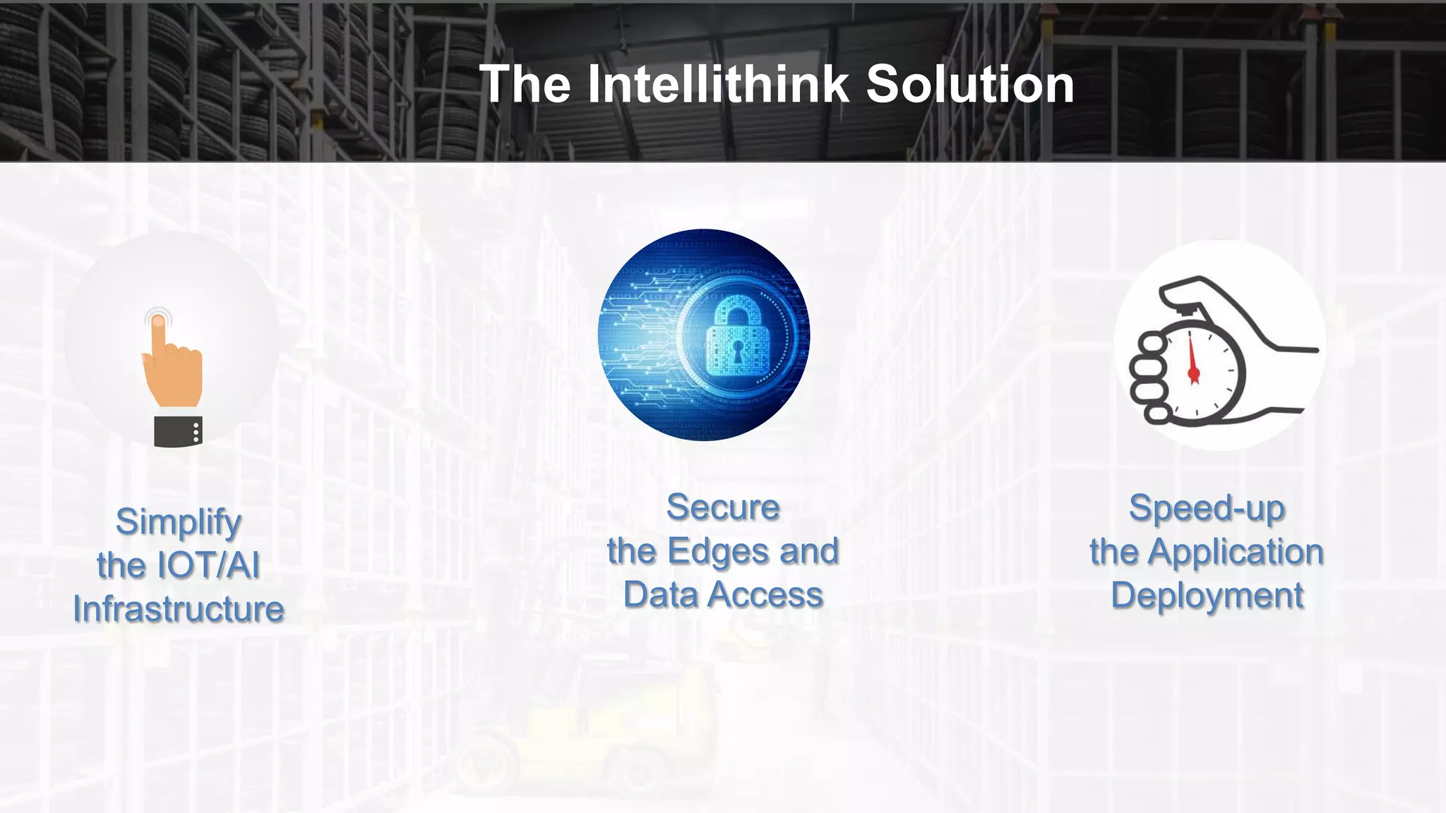 The Intellithink Solution
Simplify
the IOT/AI
Infrastructure
Secure
the Edges and
Data Access
Speed-up
the Application
Deployment
 