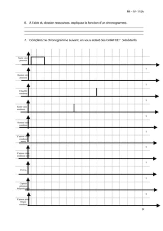MI – IV- 110A



        6. A l’aide du dossier ressources, expliquez la fonction d’un chronogramme.
        _______________________________________________________________________
        _______________________________________________________________________
        _______________________________________________________________________

        7. Complétez le chronogramme suivant, en vous aidant des GRAFCET précédents




 Sortir vérin
  poussoir


                                                                                            t

Rentrer vérin
  poussoir


                                                                                            t

  Chauffer
  soudeuse


                                                                                            t

Sortir vérin
soudeuse


                                                                                            t

Rentrer vérin
 soudeuse

                                                                                            t
Capteur vérin
  soudeuse
    rentré

                                                                                            t

Capteur vérin
soudeuse sorti


                                                                                            t

   T1/13s


                                                                                            t
   Capteur
   présence
briquette tapis

                                                                                            t
Capteur prése
   brique
  soudeuse

                                                                                       9
 