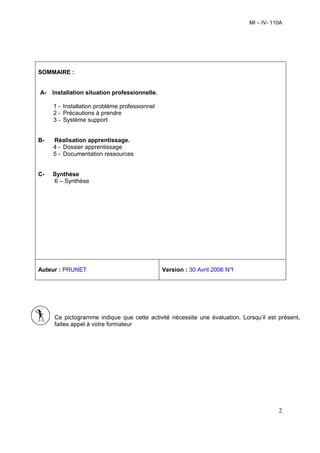 MI – IV- 110A




SOMMAIRE :


A-   Installation situation professionnelle.

     1 - Installation problème professionnel
     2 - Précautions à prendre
     3 - Système support


B-   Réalisation apprentissage.
     4 - Dossier apprentissage
     5 - Documentation ressources


C-   Synthèse
     6 – Synthèse




Auteur : PRUNET                                Version : 30 Avril 2006 N°
                                                                        1




     Ce pictogramme indique que cette activité nécessite une évaluation. Lorsqu’il est présent,
     faites appel à votre formateur




                                                                                       2
 