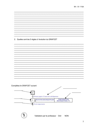 MI – IV- 110A

   _______________________________________________________________________
   _______________________________________________________________________
   _______________________________________________________________________
   _______________________________________________________________________
   _______________________________________________________________________
   _______________________________________________________________________
   _______________________________________________________________________
   _______________________________________________________________________
   _______________________________________________________________________
   _______________________________________________________________________
   _______________________________________________________________________
   _______________________________________________________________________
   _______________________________________________________________________

   2. Quelles sont les 5 règles d ‘évolution du GRAFCET

   _______________________________________________________________________
   _______________________________________________________________________
   _______________________________________________________________________
   _______________________________________________________________________
   _______________________________________________________________________
   _______________________________________________________________________
   _______________________________________________________________________
   _______________________________________________________________________
   _______________________________________________________________________
   _______________________________________________________________________
   _______________________________________________________________________
   _______________________________________________________________________
   _______________________________________________________________________
   _______________________________________________________________________
   _______________________________________________________________________
   _______________________________________________________________________
   _______________________________________________________________________
   _______________________________________________________________________



Complétez le GRAFCET suivant
                                                                                ______________
   _________
                                                                                            _________
                         0

                             Présence papier à l’entrée de la déchiqueteuse
   ________
                                ROTATION DECHIQUETEUSE                   TEMPORISATION
                        1                                               DECHIQUETAGE (T1)
   _________
                             Fin de temporisation




                              Validation par le professeur                OUI     NON


                                                                                                         5
 