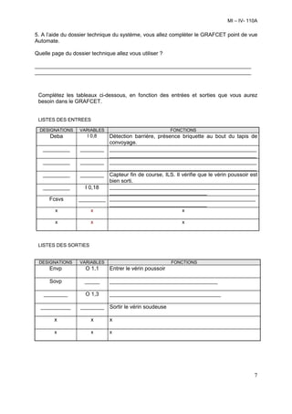 MI – IV- 110A

5. A l’aide du dossier technique du système, vous allez compléter le GRAFCET point de vue
Automate.

Quelle page du dossier technique allez vous utiliser ?

________________________________________________________________________
________________________________________________________________________



 Complétez les tableaux ci-dessous, en fonction des entrées et sorties que vous aurez
 besoin dans le GRAFCET.


 LISTES DES ENTREES

  DESIGNATIONS     VARIABLES                              FONCTIONS
      Deba            I 0,8 Détection barrière, présence briquette au bout du tapis de
                            convoyage.
   _________       ________ _________________________________________________
                            _________________________________________________
   _________       ________ _________________________________________________
                            _________________________________________________
   _________       ________ Capteur fin de course, ILS. Il vérifie que le vérin poussoir est
                            bien sorti.
   _________         I 0,18 ______________________________________________________
                            ____________________________________
      Fcsvs       _________ ______________________________________________________
                            ____________________________________
        x             x                                x

        x              x                                      x



 LISTES DES SORTIES


 DESIGNATIONS      VARIABLES                              FONCTIONS
      Envp           O 1,1     Entrer le vérin poussoir

      Sovp           _____     ____________________________________

   ________          O 1,3     _____________________________________

  __________       ________ Sortir le vérin soudeuse

        x              x       x

        x              x       x




                                                                                          7
 