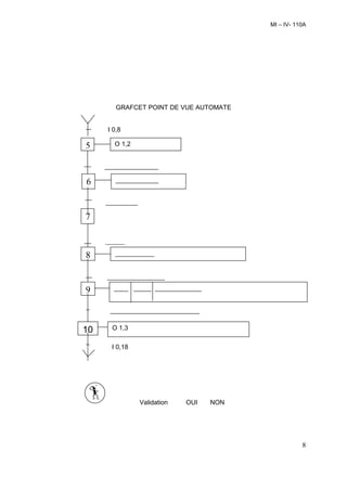 MI – IV- 110A




        GRAFCET POINT DE VUE AUTOMATE


     I 0,8

5       O 1,2


     _______________

6       ____________


     _________

7

     ______

8       ___________


     ________________

9      ____ _____ _____________


      _________________________


10     O 1,3

       I 0,18




                 Validation   OUI   NON




                                                     8
 