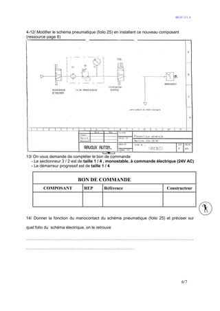 MI-IV-111 A




4-12/ Modifier le schéma pneumatique (folio 25) en installant ce nouveau composant
(ressource page 8)




13/ On vous demande de compléter le bon de commande
   - Le sectionneur 3 / 2 est de taille 1 / 4 , monostable, à commande électrique (24V AC)
   - Le démarreur progressif est de taille 1 / 4


                            BON DE COMMANDE
         COMPOSANT              REP        Référence                       Constructeur




14/ Donner la fonction du manocontact du schéma pneumatique (folio 25) et préciser sur

quel folio du schéma électrique, on le retrouve

……………………………………………………………………………………………………………

…………………………………………………………………….




                                                                                     6/7
 
