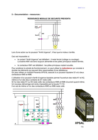 MI-IV-111 A




5 – Documentation – ressources :

                    RESSOURCE MODULE DE SECURITE PREVENTA




Lors d'une action sur le poussoir "Arrêt Urgence", il faut que le moteur s'arrête.

Ceci est impossible si:
   •   le contact "Arrêt Urgence" est défaillant : il reste fermé (collage ou soudage).
       La bobine KM1 est donc toujours alimentée et les pôles principaux restent fermés.

   •   le contacteur KM1 est défaillant : les pôles principaux restent soudés.
Pour améliorer la sûreté de fonctionnement, on peut utiliser la redondance qui consiste à
doubler les éléments qui peuvent être responsables d'une défaillance.
On peut utiliser un module Preventa XPS-AL associé à un poussoir bipolaire S1 et à deux
contacteurs KM5 et KM6.
L'utilisation d'un poussoir d'arrêt d'urgence bipolaire permet l'ouverture des relais K1 et K2,
même si l'un des deux contacts de S1 reste collé.
Si l'un des relais K1 ou K2 reste collé, les contacteurs KM5 et KM6 s'ouvrent quand même.
Un nouveau démarrage est rendu impossible par la boucle Y1-Y2.
Il en est de même si l'un des contacteurs KM5 ou KM6 reste collé.




                                                                                          7/8
 