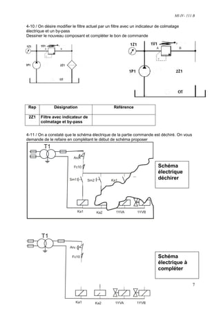 MI-IV- 111 B

4-10 / On désire modifier le filtre actuel par un filtre avec un indicateur de colmatage
électrique et un by-pass
Dessiner le nouveau composant et compléter le bon de commande




 Rep            Désignation                       Référence

 2Z1    Filtre avec indicateur de
        colmatage et by-pass


4-11 / On a constaté que le schéma électrique de la partie commande est déchiré. On vous
demande de le refaire en complétant le début de schéma proposer
          T1
                           Aru

                           Fc10                                             Schéma
                                                                            électrique
                        Sm1          Sm2         Ka1
                                                                            déchirer




                               Ka1         Ka2     1YVA        1YVB




        T1
                         Aru

                          Fc10                                              Schéma
                                                                            électrique à
                                                                            compléter


                                                                                               7


                               Ka1         Ka2     1YVA        1YVB
 