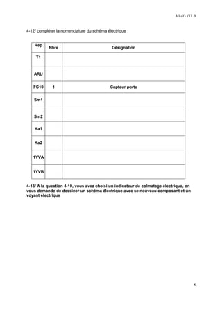 MI-IV- 111 B



4-12/ compléter la nomenclature du schéma électrique


    Rep
           Nbre                             Désignation

     T1



   ARU


   FC10      1                             Capteur porte


   Sm1



   Sm2

    Ka1


    Ka2


   1YVA


   1YVB


4-13/ A la question 4-10, vous avez choisi un indicateur de colmatage électrique, on
vous demande de dessiner un schéma électrique avec se nouveau composant et un
voyant électrique




                                                                                       8
 