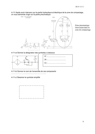 MI-IV-111 C


4-11/ Après avoir intervenu sur la partie hydraulique et électrique de la zone de compactage,
on vous demande d’agir sur la partie pneumatique




                                                                                  Zone pneumatique
                                                                                  intervenant dans la
                                                                                  zone de compactage




4-11-a/ Donner la désignation des symboles ci-dessous

                                          1F :………………………..
                                          1R :………………………..
                                          1G :………………………..



4-11-b/ Donner le nom de l’ensemble de ces composants
…………………………………………………..

4-11-c/ Dessiner le symbole simplifié




                                                                                            6
 