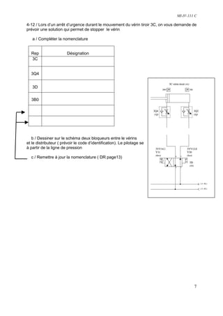 MI-IV-111 C

4-12 / Lors d’un arrêt d’urgence durant le mouvement du vérin tiroir 3C, on vous demande de
prévoir une solution qui permet de stopper le vérin

   a / Compléter la nomenclature


  Rep                   Désignation
  3C


  3Q4


   3D


  3B0




   b / Dessiner sur le schéma deux bloqueurs entre le vérins
et le distributeur ( prévoir le code d’identification). Le pilotage se
à partir de la ligne de pression

  c / Remettre à jour la nomenclature ( DR page13)




                                                                                         7
 