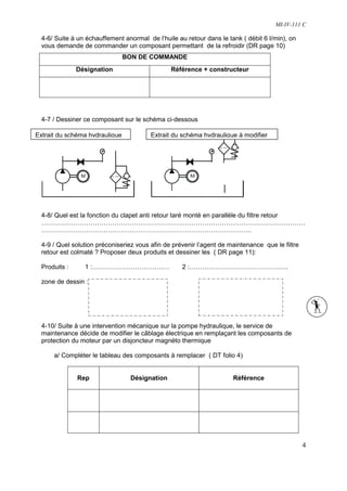 MI-IV-111 C

  4-6/ Suite à un échauffement anormal de l’huile au retour dans le tank ( débit 6 l/min), on
  vous demande de commander un composant permettant de la refroidir (DR page 10)
                                BON DE COMMANDE
               Désignation                      Référence + constructeur




  4-7 / Dessiner ce composant sur le schéma ci-dessous

Extrait du schéma hydraulique            Extrait du schéma hydraulique à modifier




  4-8/ Quel est la fonction du clapet anti retour taré monté en parallèle du filtre retour
  ……………………………………………………………………………………………………………
  ……………………………………………………………………………………..

  4-9 / Quel solution préconiseriez vous afin de prévenir l’agent de maintenance que le filtre
  retour est colmaté ? Proposer deux produits et dessiner les ( DR page 11):

  Produits :     1 :………………………………                    2 :……………………………………….

  zone de dessin :




  4-10/ Suite à une intervention mécanique sur la pompe hydraulique, le service de
  maintenance décide de modifier le câblage électrique en remplaçant les composants de
  protection du moteur par un disjoncteur magnéto thermique

      a/ Compléter le tableau des composants à remplacer ( DT folio 4)


               Rep               Désignation                          Référence




                                                                                                 4
 