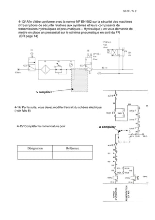 MI-IV-111 C



   4-13/ Afin d’être conforme avec la norme NF EN 982 sur la sécurité des machines
   (Prescriptions de sécurité relatives aux systèmes et leurs composants de
   transmissions hydrauliques et pneumatiques – Hydraulique), on vous demande de
   mettre en place un pressostat sur le schéma pneumatique en sorti du FR
    (DR page 14)




                A compléter



4-14/ Par la suite, vous devez modifier l’extrait du schéma électrique
( voir folio 6)




 4-15/ Compléter la nomenclature (voir                             A compléter




          Désignation                    Référence




                                                                                          8
 