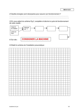 MI-IV-13-C1


2/ Quelles énergies sont nécessaires pour assurer son fonctionnement ?
…………………………………………………………………………………………………
………………………………………………………………………………………………….

3/ En vous aidant du schéma Fig 2, compléter et décrire le cycle de fonctionnement
de cette cisaille :

   Volant 5          Appuyer
   en rotation       sur 1

   Lame en
   haut



4/ Sur site :      CONSIGNER LA MACHINE

5/ Etablir le schéma de l’installation pneumatique :




Académie de Lyon                                                                  5/5
 