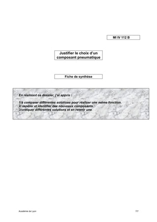 MI IV 112 B




                            Justifier le choix d’un
                           composant pneumatique




                                Fiche de synthèse




En réalisant ce dossier, j’ai appris :

1/à comparer différentes solutions pour réaliser une même fonction.
2/ repérer et identifier des nouveaux composants.
3/critiquer différentes solutions et en retenir une.




Académie de Lyon                                                           7/7
 