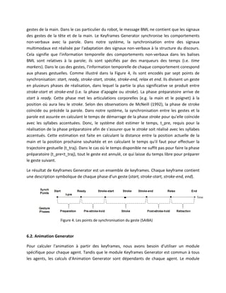 gestes de la main. Dans le cas particulier du robot, le message BML ne contient que les signaux
des gestes de la tête et de la main. Le Keyframes Generator synchronise les comportements
non-verbaux avec la parole. Dans notre système, la synchronisation entre des signaux
multimodaux est réalisée par l'adaptation des signaux non-verbaux à la structure du discours.
Cela signifie que l'information temporelle des comportements non-verbaux dans les balises
BML sont relatives à la parole; ils sont spécifiés par des marqueurs des temps (i.e. time
markers). Dans le cas des gestes, l'information temporelle de chaque comportement corespond
aux phases gestuelles. Comme illustré dans la Figure 4, ils sont encodés par sept points de
synchronisation: start, ready, stroke-start, stroke, stroke-end, relax et end. Ils divisent un geste
en plusieurs phases de réalisation, dans lequel la partie la plus significative se produit entre
stroke-start et stroke-end (i.e. la phase d'apogée ou stroke). La phase préparatoire arrive de
start à ready. Cette phase met les articulations corporelles (e.g. la main et le poignet) à la
position où aura lieu le stroke. Selon des observations de McNeill (1992), la phase de stroke
coïncide ou précède la parole. Dans notre système, la synchronisation entre les gestes et la
parole est assurée en calculant le temps de démarrage de la phase stroke pour qu'elle coïncide
avec les syllabes accentuées. Donc, le système doit estimer le temps, t_pre, requis pour la
réalisation de la phase préparatoire afin de s'assurer que le stroke soit réalisé avec les syllabes
accentués. Cette estimation est faite en calculant la distance entre la position actuelle de la
main et la position prochaine souhaitée et en calculant le temps qu'il faut pour effectuer la
trajectoire gestuelle (t_traj). Dans le cas où le temps disponible ne suffit pas pour faire la phase
préparatoire (t_pre<t_traj), tout le geste est annulé, ce qui laisse du temps libre pour préparer
le geste suivant.

Le résultat de Keyframes Generator est un ensemble de keyframes. Chaque keyframe contient
une description symbolique de chaque phase d'un geste (start, stroke-start, stroke-end, end).




                   Figure 4. Les points de synchronisation du geste (SAIBA)


6.2. Animation Generator

Pour calculer l'animation à partir des keyframes, nous avons besoin d'utiliser un module
spécifique pour chaque agent. Tandis que le module Keyframes Generator est commun à tous
les agents, les calculs d'Animation Generator sont dépendants de chaque agent. Le module
 