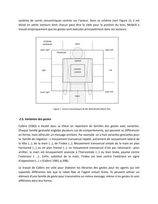 système de carrés concentriques centrés sur l’acteur. Dans ce schéma (voir Figure 1), il est
divisé en petits secteurs dont chacun peut être la cible pour la position du bras. McNeill a
trouvé empiriquement que les gestes sont exécutés principalement dans ces secteurs.


                     EXTREME
                    PERIPHERY                         upper

                upper right                                                           upper left
                                   PERIPHERY



                                                      CENTER



                  right                              CENTER-                               left
                                                     CENTER




                 lower right                                                          lower left

                                                      lower




                                Figure 1. Carrés concentriques de Mc Neill.(André-Marie Pez)



2.5. Variantes des gestes

Calbris (1983) a étudié dans sa thèse un répertoire de familles des gestes avec variantes.
Chaque famille gestuelle englobe plusieurs cas de comportements, qui peuvent se différencier
en forme, mais véhiculer un message similaire. Par exemple on a huit variantes gestuelles pour
la famille de négation : « mouvement transversal répété, autrement dit secouement latéral de
la tête (…), de la main (…), de l’index (…). Mouvement transversal simple de la main en plan
horizontal (…) ou en plan frontal (…). Le mouvement transversal n’est pas nécessaire : pour
arrêter, la main est brusquement avancée à l’horizontale (…) ou bien levée, paume contre
l’extérieur ( …) . Enfin, substitut de la main, l’index est levé contre l’extérieur en signe
d’opposition (…) » (Calbris 1983, p.398) .

Le travail de Calbris est utile pour élaborer les librairies des gestes pour les agents qui ont
capacités différentes tels que le robot Nao et l’agent virtuel Greta. Ils peuvent utiliser un
élément d’une famille de geste pour transmettre un même message, même si les gestes ils sont
différents dans leur forme.
 