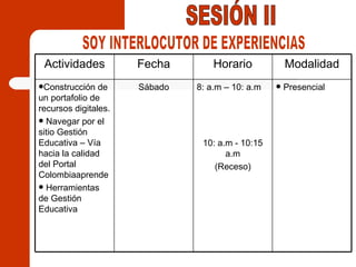 SESIÓN II SOY INTERLOCUTOR DE EXPERIENCIAS Presencial 8: a.m – 10: a.m 10: a.m - 10:15 a.m (Receso) Sábado Construcción de un portafolio de recursos digitales. Navegar por el sitio Gestión Educativa – Vía hacia la calidad del Portal Colombiaaprende Herramientas de Gestión Educativa Modalidad Horario Fecha Actividades 