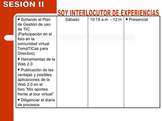 SESIÓN II SOY INTERLOCUTOR DE EXPERIENCIAS Presencial 10:15 a.m  - 12:m Sábado Soñando el Plan de Gestión de uso de TIC (Participación en el foro en la comunidad virtual TemáTICas para Directivo) Herramientas de la Web 2.0 Publicación de las ventajas y posibles aplicaciones de la Web 2.0 en el foro:”Mis aportes frente al tour virtual” Diligenciar el diario de procesos 