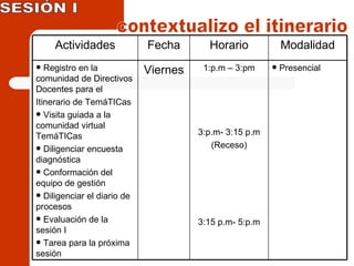 SESIÓN I contextualizo el itinerario Presencial 1:p.m – 3:pm 3:p.m- 3:15 p.m (Receso) 3:15 p.m- 5:p.m Viernes Registro en la comunidad de Directivos Docentes para el Itinerario de TemáTICas Visita guiada a la  comunidad virtual TemáTICas Diligenciar encuesta diagnóstica Conformación del equipo de gestión Diligenciar el diario de procesos Evaluación de la sesión I Tarea para la próxima sesión Modalidad Horario Fecha Actividades 