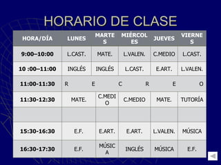 HORARIO DE CLASE HORA/DÍA LUNES MARTES MIÉRCOLES JUEVES VIERNES 9:00–10:00 L.CAST. MATE. L.VALEN. C.MEDIO L.CAST. 10 :00–11:00 INGLÉS INGLÉS L.CAST. E.ART. L.VALEN. 11:00-11:30 R  E  C  R  E  O 11:30-12:30 MATE. C.MEDIO C.MEDIO MATE. TUTORÍA 15:30-16:30 E.F. E.ART. E.ART. L.VALEN. MÚSICA 16:30-17:30 E.F. MÚSICA INGLÉS MÚSICA E.F. 