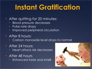 Instant Gratification After quitting for 20 minutes: Blood pressure decreases Pulse rate drops Improved peripheral circulation After 8 hours: Carbon monoxide level drops to normal After 24 hours: Heart attack risk decreases After 48 hours Enhanced taste and smell 