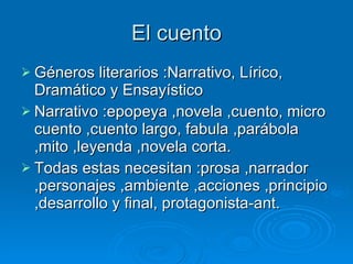 El cuento Géneros literarios :Narrativo, Lírico, Dramático y Ensayístico Narrativo :epopeya ,novela ,cuento, micro cuento ,cuento largo, fabula ,parábola ,mito ,leyenda ,novela corta. Todas estas necesitan :prosa ,narrador ,personajes ,ambiente ,acciones ,principio ,desarrollo y final, protagonista-ant.