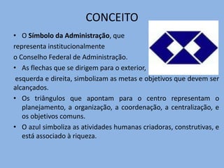 CONCEITO
• O Símbolo da Administração, que
representa institucionalmente
o Conselho Federal de Administração.
• As flechas que se dirigem para o exterior,
esquerda e direita, simbolizam as metas e objetivos que devem ser
alcançados.
• Os triângulos que apontam para o centro representam o
planejamento, a organização, a coordenação, a centralização, e
os objetivos comuns.
• O azul simboliza as atividades humanas criadoras, construtivas, e
está associado à riqueza.
 