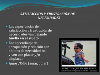 SATISFACCIÓN Y FRUSTRACIÓN DE
                   NECESIDADES

 Las experiencias de
  satisfacción y frustración de
  necesidades van dejando
  huella en el sujeto
 Ese aprendizaje de
  apropiación y relación con
  objetos de necesidad, se
  viven con placer y/o
  displacer.
 Amor /Odio (amar, odiar)
 