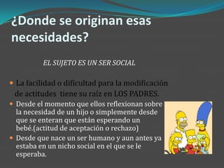 ¿Donde se originan esas
necesidades?
          EL SUJETO ES UN SER SOCIAL

 La facilidad o dificultad para la modificación
 de actitudes tiene su raíz en LOS PADRES.
 Desde el momento que ellos reflexionan sobre
  la necesidad de un hijo o simplemente desde
  que se enteran que están esperando un
  bebé.(actitud de aceptación o rechazo)
 Desde que nace un ser humano y aun antes ya
  estaba en un nicho social en el que se le
  esperaba.
 