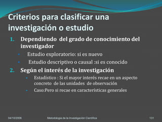 Criterios para clasificar una
investigación o estudio
 1.        Dependiendo del grado de conocimiento del
           investigador
            Estudio exploratorio: si es nuevo
            Estudio descriptivo o causal :si es conocido
 2.        Según el interés de la investigación
                Estadístico : Si el mayor interés recae en un aspecto
                 concreto de las unidades de observación
                Caso:Pero si recae en características generales




04/10/2006             Metodologia de la Investigación Científica        131
 