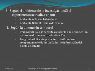 3. Según el ambiente de la investigacion:Si el
     experimento se realiza en un:
                Ambiente Artificial:Laboratorio
                Ambiente Natural:Estudio de campo
  4. Según la dimensión temporal
                Transversal: solo se necesita conocer lo que ocurre en un
                 determinado momento de la situación
                Longitudinal:Si es importante ir verificando el
                 comportamiento de las unidades de información del
                 objeto de estudio




04/10/2006             Metodologia de la Investigación Científica            132
 