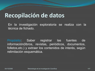 Recopilación de datos
    En la investigación exploratoria se realiza con la
    técnica de fichado.


   Propósito:      Saber     registrar   las   fuentes    de
   información(libros, revistas, periódicos, documentos,
   folletos,etc.) y extraer los contenidos de interés, según
   relimitación esquemática.




04/10/2006       Metodologia de la Investigación Científica    147
 