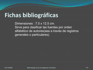 Fichas bibliográficas
             Dimensiones : 7.5 x 12.5 cm.
             Sirve para clasificar las fuentes por orden
             alfabético de autores(sea a través de registros
             generales o particulares).




04/10/2006            Metodologia de la Investigación Científica   151
 