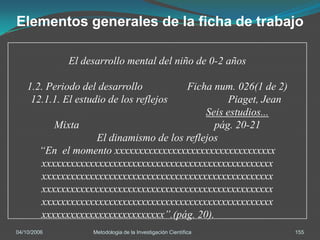 Elementos generales de la ficha de trabajo

              El desarrollo mental del niño de 0-2 años

    1.2. Periodo del desarrollo         Ficha num. 026(1 de 2)
     12.1.1. El estudio de los reflejos           Piaget, Jean
                                             Seis estudios...
           Mixta                               pág. 20-21
                    El dinamismo de los reflejos
        “En el momento xxxxxxxxxxxxxxxxxxxxxxxxxxxxxxxxxx
        xxxxxxxxxxxxxxxxxxxxxxxxxxxxxxxxxxxxxxxxxxxxxxxxx
        xxxxxxxxxxxxxxxxxxxxxxxxxxxxxxxxxxxxxxxxxxxxxxxxx
        xxxxxxxxxxxxxxxxxxxxxxxxxxxxxxxxxxxxxxxxxxxxxxxxx
        xxxxxxxxxxxxxxxxxxxxxxxxxxxxxxxxxxxxxxxxxxxxxxxxx
        xxxxxxxxxxxxxxxxxxxxxxxxxx”.(pág. 20).
04/10/2006          Metodologia de la Investigación Científica   155
 