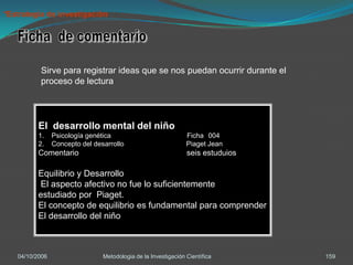 *Estrategia de investigación




          Sirve para registrar ideas que se nos puedan ocurrir durante el
          proceso de lectura




          El desarrollo mental del niño
          1.    Psicología genética                             Ficha 004
          2.    Concepto del desarrollo                         Piaget Jean
          Comentario                                            seis estuduios

          Equilibrio y Desarrollo
          El aspecto afectivo no fue lo suficientemente
          estudiado por Piaget.
          El concepto de equilibrio es fundamental para comprender
          El desarrollo del niño



   04/10/2006                   Metodologia de la Investigación Científica       159
 