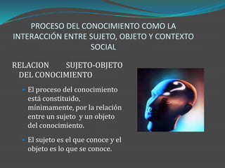 PROCESO DEL CONOCIMIENTO COMO LA
INTERACCIÓN ENTRE SUJETO, OBJETO Y CONTEXTO
                  SOCIAL

RELACION   SUJETO-OBJETO
 DEL CONOCIMIENTO
   El proceso del conocimiento
    está constituido,
    mínimamente, por la relación
    entre un sujeto y un objeto
    del conocimiento.
   El sujeto es el que conoce y el
    objeto es lo que se conoce.
 