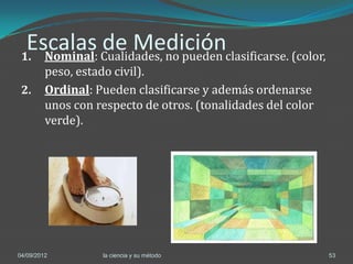 Escalas Cualidades, no pueden clasificarse. (color,
 1. Nominal:
             de Medición
         peso, estado civil).
 2.      Ordinal: Pueden clasificarse y además ordenarse
         unos con respecto de otros. (tonalidades del color
         verde).




04/09/2012         la ciencia y su método                     53
 