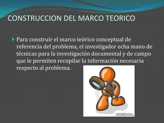 CONSTRUCCION DEL MARCO TEORICO

 Para construir el marco teórico conceptual de
  referencia del problema, el investigador echa mano de
  técnicas para la investigación documental y de campo
  que le permiten recopilar la información necesaria
  respecto al problema.
 