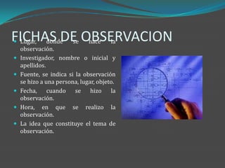 FICHAS DE OBSERVACION
Lugar, donde se hace la
    observación.
   Investigador, nombre o inicial y
    apellidos.
   Fuente, se indica si la observación
    se hizo a una persona, lugar, objeto.
   Fecha, cuando se hizo la
    observación.
   Hora, en que se realizo la
    observación.
   La idea que constituye el tema de
    observación.
 