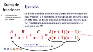 Ejemplo:
Se divide el común denominador, entre el denominador de
cada fracción, y el resultado se multiplica por el numerador;
en este caso, se divide el común denominador entre equis,
y el resultado (equis más uno por equis menos uno), se
multiplica por “A”.
𝑨
𝒙
+
𝑩
𝒙 + 𝟏
+
𝑪
𝒙 − 𝟏
=
𝑨(𝒙 + 𝟏)(𝒙 − 𝟏)
𝒙(𝒙 + 𝟏)(𝒙 − 𝟏)
Suma de
fracciones
2. Paso número dos;
Obtener el numerador
de la fracción
𝒙(𝒙 + 𝟏)(𝒙 − 𝟏)
𝒙
= (𝒙 + 𝟏)(𝒙 − 𝟏)
 