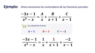 Ejemplo: Ahora conocemos los numeradores de las fracciones parciales.
−𝟑𝒙 − 𝟏
𝒙 𝟑 − 𝒙
=
𝑨
𝒙
+
𝑩
𝒙 + 𝟏
+
𝑪
𝒙 − 𝟏
−𝟑𝒙 − 𝟏
𝒙 𝟑 − 𝒙
=
𝟏
𝒙
+
𝟏
𝒙 + 𝟏
+
−𝟐
𝒙 − 𝟏
 