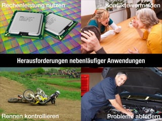 Rechenleistung nutzen

Konﬂikte vermeiden

Herausforderungen nebenläuﬁger Anwendungen

Rennen kontrollieren

Probleme abfedern

 