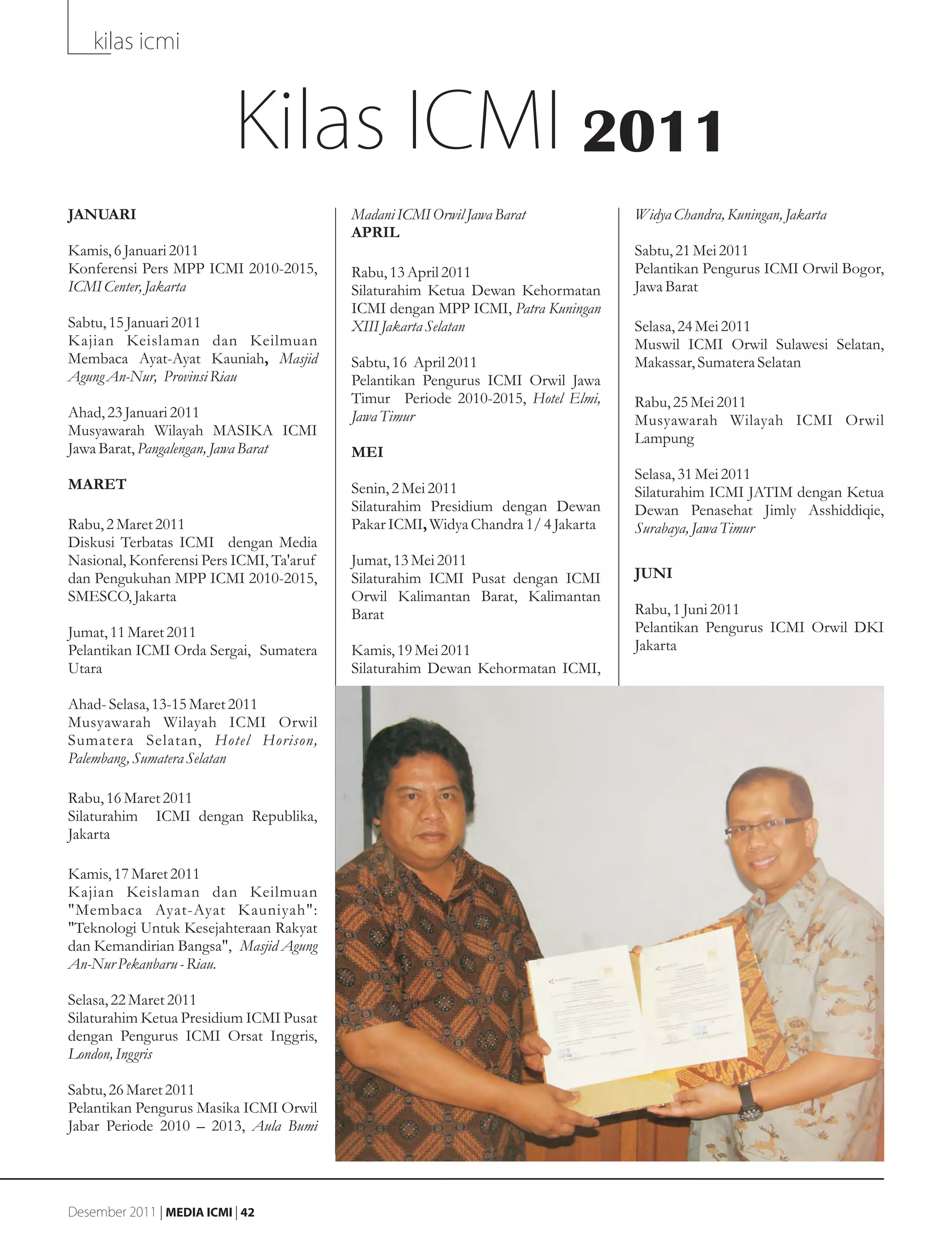 kilas icmi



                           Kilas ICMI 2011
JANUARI                                   Madani ICMI Orwil Jawa Barat             Widya Chandra, Kuningan, Jakarta
                                          APRIL
Kamis, 6 Januari 2011                                                              Sabtu, 21 Mei 2011
Konferensi Pers MPP ICMI 2010-2015,       Rabu, 13 April 2011                      Pelantikan Pengurus ICMI Orwil Bogor,
ICMI Center, Jakarta                      Silaturahim Ketua Dewan Kehormatan       Jawa Barat
                                          ICMI dengan MPP ICMI, Patra Kuningan
Sabtu, 15 Januari 2011                    XIII Jakarta Selatan                     Selasa, 24 Mei 2011
Kajian Keislaman dan Keilmuan                                                      Muswil ICMI Orwil Sulawesi Selatan,
Membaca Ayat-Ayat Kauniah, Masjid         Sabtu, 16 April 2011                     Makassar, Sumatera Selatan
Agung An-Nur, Provinsi Riau               Pelantikan Pengurus ICMI Orwil Jawa
                                          Timur Periode 2010-2015, Hotel Elmi,     Rabu, 25 Mei 2011
Ahad, 23 Januari 2011                     Jawa Timur                               Musyawarah Wilayah ICMI Orwil
Musyawarah Wilayah MASIKA ICMI                                                     Lampung
Jawa Barat, Pangalengan, Jawa Barat       MEI
                                                                                   Selasa, 31 Mei 2011
MARET                                     Senin, 2 Mei 2011                        Silaturahim ICMI JATIM dengan Ketua
                                          Silaturahim Presidium dengan Dewan       Dewan Penasehat Jimly Asshiddiqie,
Rabu, 2 Maret 2011                        Pakar ICMI, Widya Chandra 1/ 4 Jakarta   Surabaya, Jawa Timur
Diskusi Terbatas ICMI dengan Media
Nasional, Konferensi Pers ICMI, Ta'aruf   Jumat, 13 Mei 2011
dan Pengukuhan MPP ICMI 2010-2015,        Silaturahim ICMI Pusat dengan ICMI       JUNI
SMESCO, Jakarta                           Orwil Kalimantan Barat, Kalimantan
                                          Barat                                    Rabu, 1 Juni 2011
Jumat, 11 Maret 2011                                                               Pelantikan Pengurus ICMI Orwil DKI
Pelantikan ICMI Orda Sergai, Sumatera     Kamis, 19 Mei 2011                       Jakarta
Utara                                     Silaturahim Dewan Kehormatan ICMI,

Ahad- Selasa, 13-15 Maret 2011
Musyawarah Wilayah ICMI Orwil
Sumatera Selatan, Hotel Horison,
Palembang, Sumatera Selatan

Rabu, 16 Maret 2011
Silaturahim ICMI dengan Republika,
Jakarta

Kamis, 17 Maret 2011
Kajian Keislaman dan Keilmuan
"Membaca Ayat-Ayat Kauniyah":
"Teknologi Untuk Kesejahteraan Rakyat
dan Kemandirian Bangsa", Masjid Agung
An-Nur Pekanbaru - Riau.

Selasa, 22 Maret 2011
Silaturahim Ketua Presidium ICMI Pusat
dengan Pengurus ICMI Orsat Inggris,
London, Inggris

Sabtu, 26 Maret 2011
Pelantikan Pengurus Masika ICMI Orwil
Jabar Periode 2010 – 2013, Aula Bumi




Desember 2011 | MEDIA ICMI | 42
 