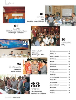 daftar isi




                                                        31
                                                     FOKUS
                                                          ICMI
                                    buat Pilot Project i-Masjid


                 07
                KAJIAN
Tidak Perlu Mata Pelajaran Khusus
    untuk Cegah Radikalisme



                                                                                                10
                                  21                                                            SITARLING
                                                                                                Hidup


                                            PRESIDIUM               SERAMBI .................................... 03
                                            Islam bisa              DAFTAR ISI ................................. 04
                                            Kembangkan IPTEK
                                                                    SURAT PEMBACA ....................... 05

                                                                    EDITORIAL ................................. 06

                                                                    KAJIAN ...................................... 07

                       25                                           SITARLING .................................. 10

       MUKTAMAR V                                                   PRESIDIUM ................................ 21

              ICMI adalah                                           MUKTAMAR V ...........................        25
           Rumah Bersama                                            FOKUS ....................................... 31

                                                                    EKONOMI .................................. 33

                                                                    INTERNASIONAL . ...................... 34

                                                                    KESEHATAN ...............................     35




                                         33
                                                                    PENDIDIKAN .............................. 37

                                                                    BADAN OTONOM ......................           38

                                                                    KILAS ICMI ................................   42
                                         EKONOMI                    ORWIL ....................................... 44
                                         ICMI Kembangkan
                                         Bioethanol dari Singkong   RESENSI ..................................... 45


Desember 2011 | MEDIA ICMI | 04
 