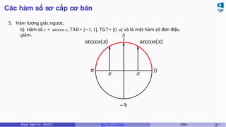 Các hàm số sơ cấp cơ bản
5. Hàm lượng giác ngược.
b) Hàm số y = arccos x, TXĐ= [−1, 1], TGT= [0, π] và là một hàm số đơn điệu
giảm.
0
π
π
2
− π
arccos(x) arccos(x)
x
x
2
Khoa Toán-Tin (HUST) MI 1111– Ch ươ 2024 12 /
 