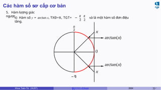 Các hàm số sơ cấp cơ bản
5. Hàm lượng giác
ngược. π π
2 2
c) Hàm số y = arctan x, TXĐ=R, TGT= − , và là một hàm số đơn điệu
tăng.
π
2
− π
2
x
x
arctan(x)
0
arctan(x)
Khoa Toán-Tin (HUST) MI 1111– Ch ươ 2024 13 /
 