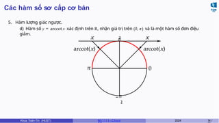 Các hàm số sơ cấp cơ bản
0
π
5. Hàm lượng giác ngược.
d) Hàm số y = arccot x xác định trên R, nhận giá trị trên (0, π) và là một hàm số đơn điệu
giảm.
π
− π
2
arccot(x)
arccot(x)
x 2 x
Khoa Toán-Tin (HUST) MI 1111– Ch ươ 2024 14 /
 