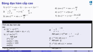 Bảng đạo hàm cấp cao
1) (xα
)( n )
= α(α − 1) · · · (α − n + 1)xα − n
2)
1
x + α
, , (n)
n
= (−1)
n!
(x +
α)n + 1
(n)
3) (sin x) = sin x +
nπ
2
(n)
d) (cos x) = cos x +
nπ
2
e) (ax
)( n )
= ax
(ln a)n
f) (ln x)( n )
= (−1)n−1 (n − 1)!
xn
Ví dụ 5.5 (Giữa kì, K61)
Tính các đạo hàm cấp
cao
a) [(x2
+ x)ex
](20)
.
Kết quả: ex
(400 + 41x + x2
).
b) (x2
sin 2x)(50)
.
Kết quả:
249
(−2x2
sin(2x) + 100x
cos(2x) + 1225
sin(2x)).
c) (x2
cos 2x)(60)
.
Kết
d)
,
1
x2 − x
, (60)
.
60
Kết quả: (−1) 60! 1
(x−1)6 1
—
1
x61 .
2
e) y( 10 )
(0) với y(x) =
ex
.
Kết quả: 10!
.
5!
f) y( 9 )
(0) với y(x) = arctan
x.
Kết quả: 8!.
Khoa Toán-Tin (HUST) MI 1111– Ch ươ 2024 62 /
 