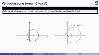 Vẽ đường cong trong hệ tọa độ
cực
Ví dụ 7.3
Khảo sát và vẽ đường cong r = a(1 + cos φ) (a > 0), (đường Cardioid hay đường hình tim)
x
y
O
2a
a
−a
x
y
O
r = a + b cos ϕ
Khoa Toán-Tin (HUST) MI 1111– Ch ươ 2024 95 /
 