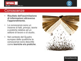 Conoscenze
• Risultato dell'assimilazione
di informazioni attraverso
l'apprendimento.
• Le conoscenze sono un
insieme di fatti, principi, teorie
e pratiche relative ad un
settore di lavoro o di studio.
• Nel contesto del Quadro
europeo delle qualifiche le
conoscenze sono descritte
come teoriche e/o pratiche.
 