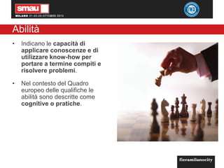 Abilità
• Indicano le capacità di
applicare conoscenze e di
utilizzare know-how per
portare a termine compiti e
risolvere problemi.
• Nel contesto del Quadro
europeo delle qualifiche le
abilità sono descritte come
cognitive o pratiche.
 